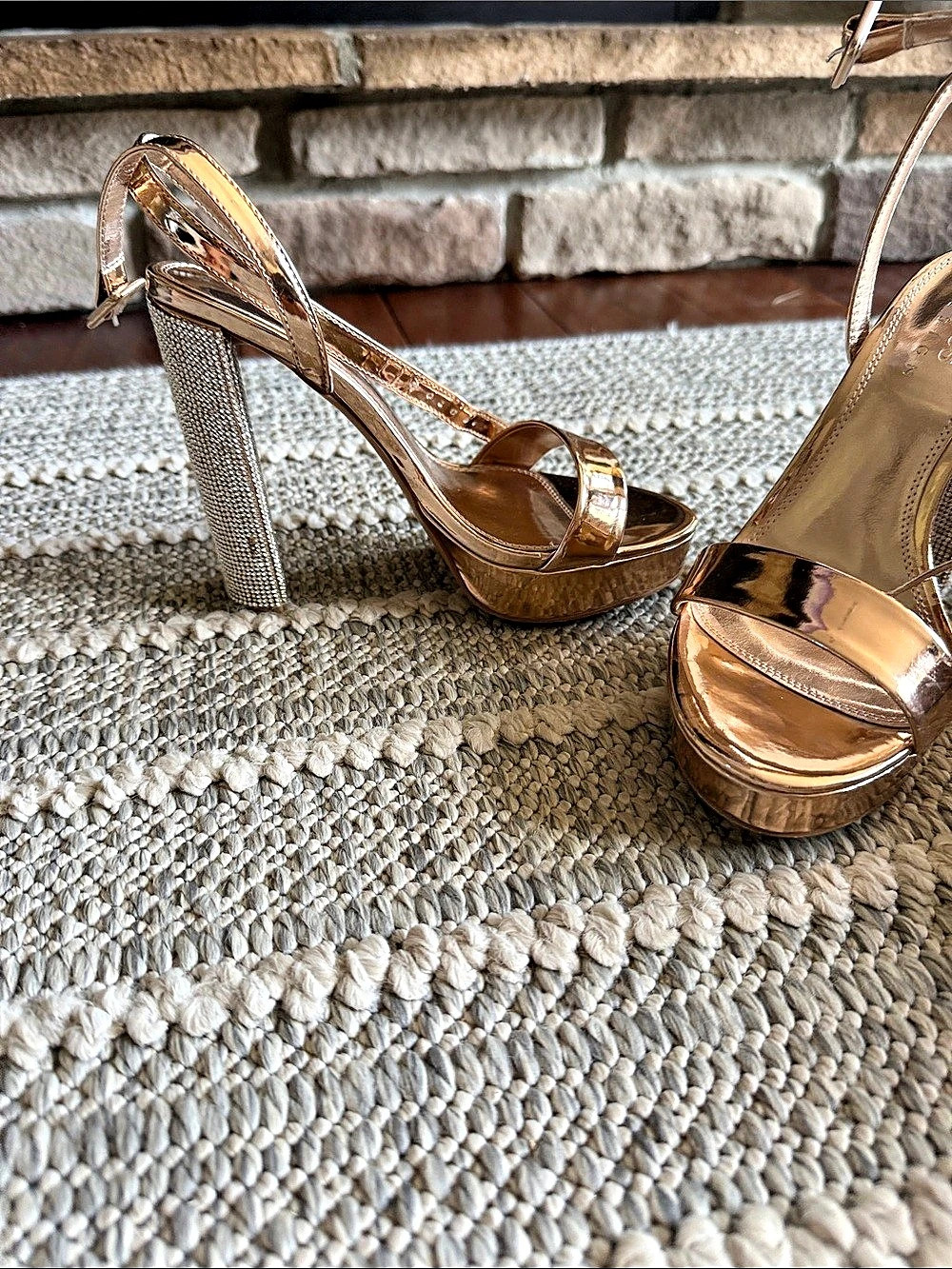 ASOS DESIGN Neva platform high heeled sandals in rose gold with rhinestone heel